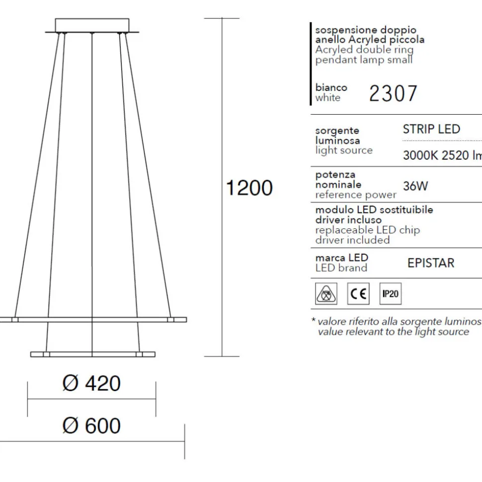 Affralux acryled lampadario led modello doppio anello 36w 3000k