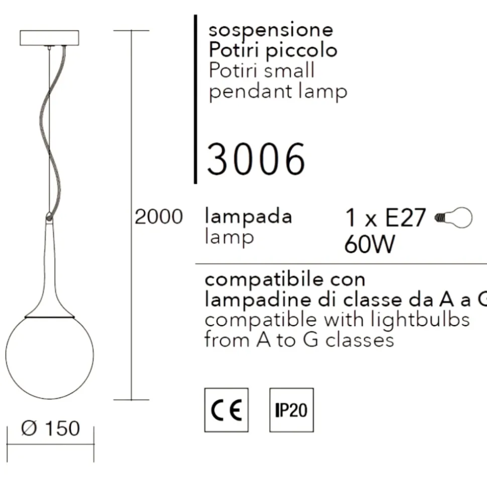 Affralux potiri lampada a sospensione sfera vetro bianca moderna