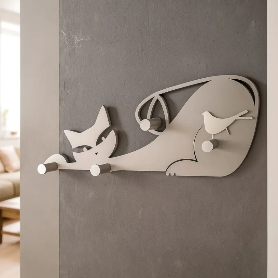 Appendiabiti da parete gatto tortora moderno in legno taglio laser