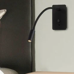 Applique camera da letto multifunzione led 3w 3000k usb nero luce orientabile