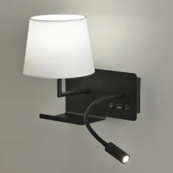 Applique comodino nero multifunzione con paralume bianco porta usb