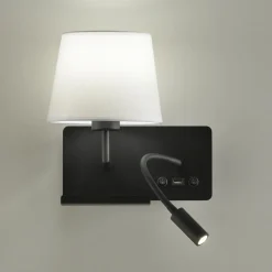 Applique comodino nero multifunzione con paralume bianco porta usb