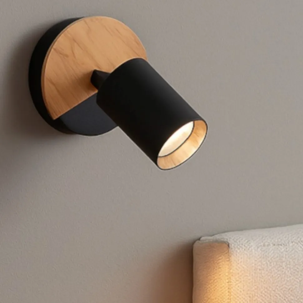Applique con faretto nero legno orientabile per comodino