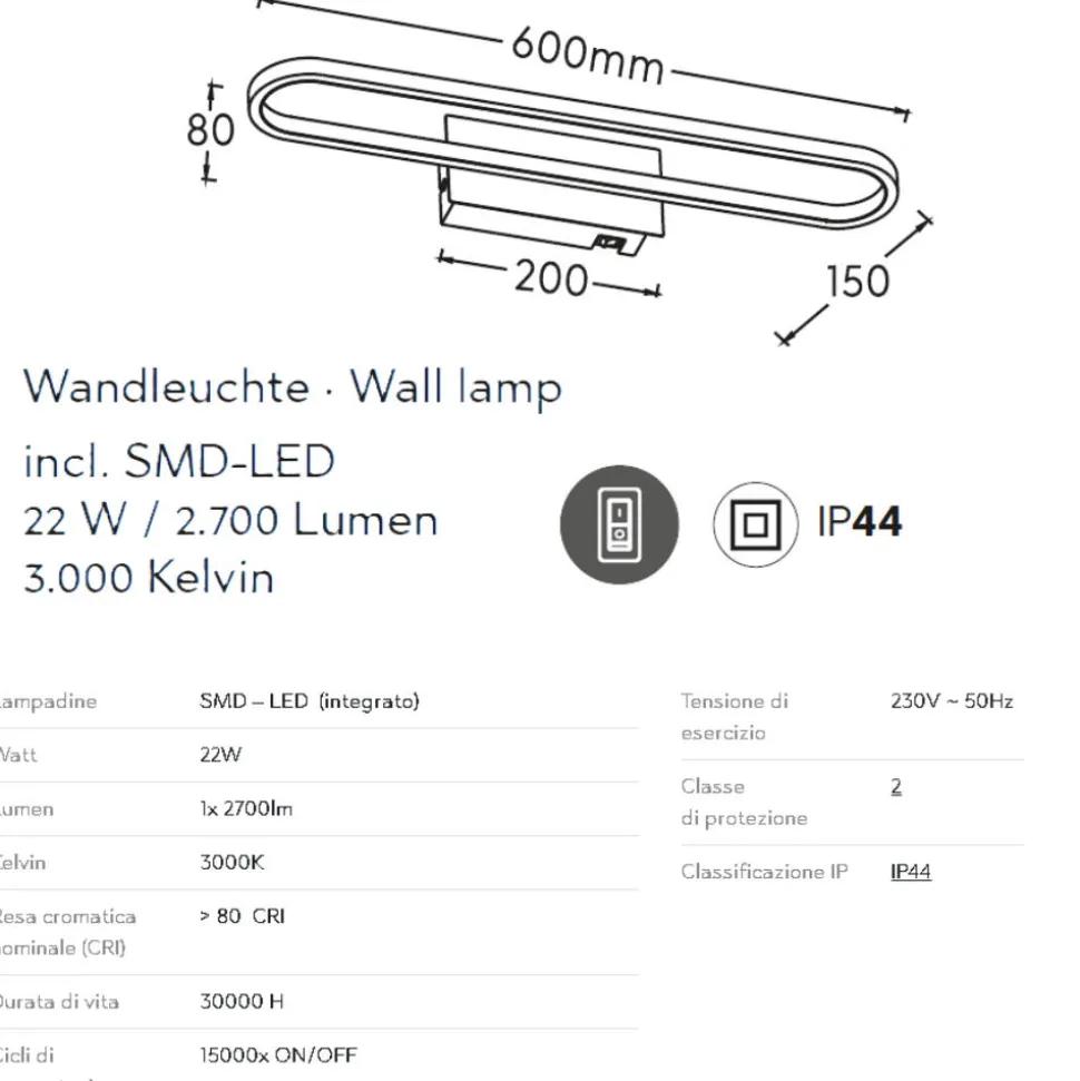 Applique cromo per bagno 60cm led 22w 3000k ip44