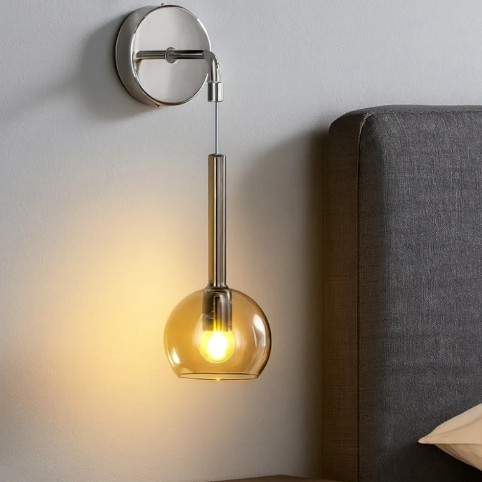Applique cromo per comodini da letto sfera vetro ambra