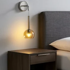 Applique cromo per comodini da letto sfera vetro ambra