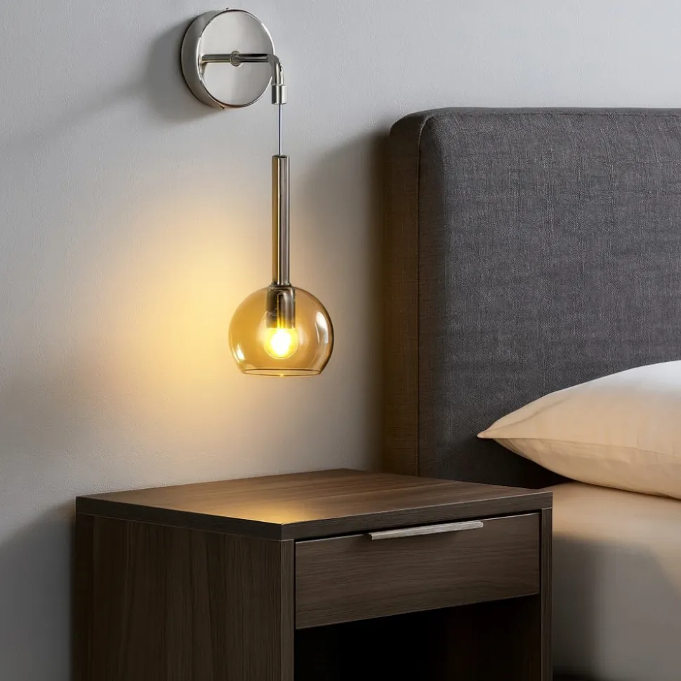 Applique cromo per comodini da letto sfera vetro ambra