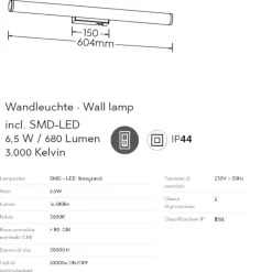 Applique cromo per specchio bagno 60cm led 6w 3000k