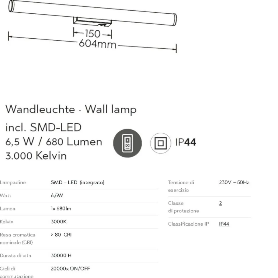 Applique cromo per specchio bagno 60cm led 6w 3000k