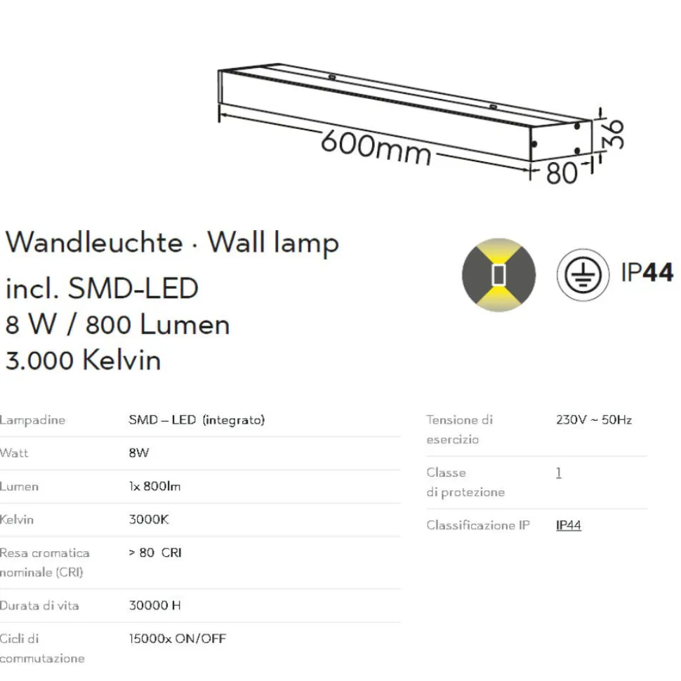 Applique da bagno bianca rettangolare led 8w 3000k