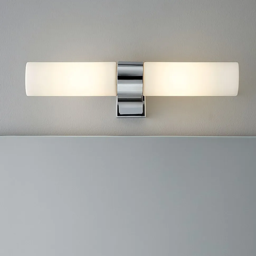 Applique da bagno moderno due luci cromo vetro bianco