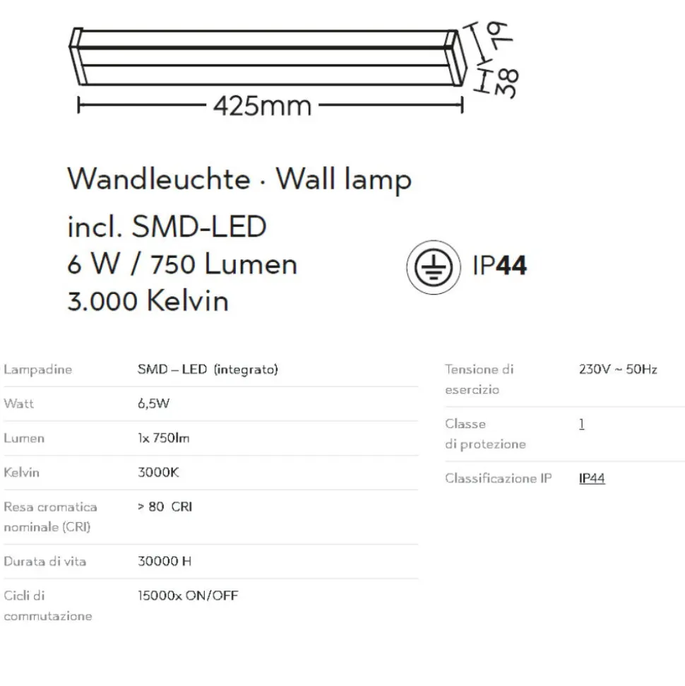 Applique da bagno moderno 6,5w 3000k cromo