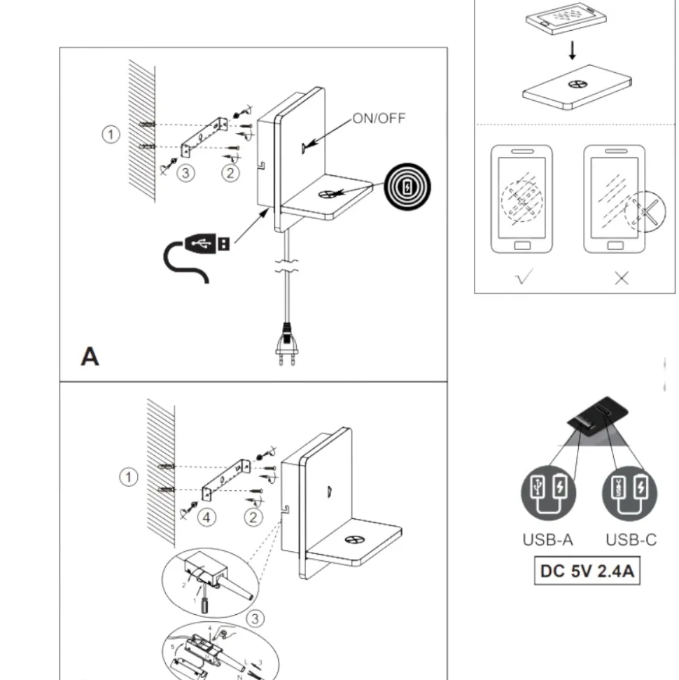 Applique da comodino bianco con presa usb base ricarica telefono