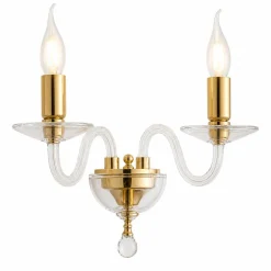 Applique da parete a 2 bracci in vetro trasparente e finiture oro