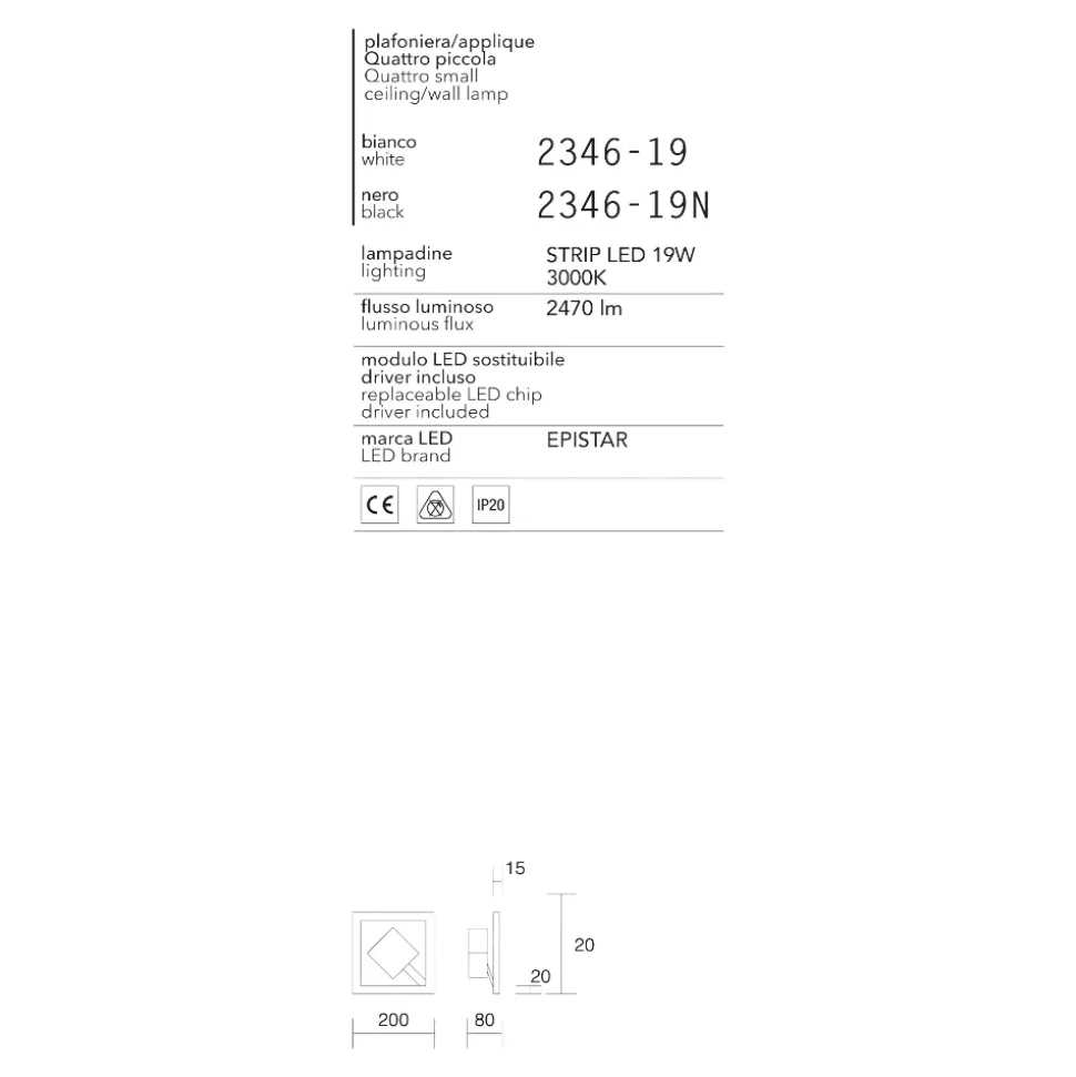 Applique nero quadrato led 19w 3000k moderno affralux quattro