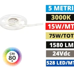 Bobina 5 mt striscia led cob 24v dc 3000k 15w-mt gea luce
