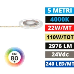 Bobina 5mt strip led 22w-mt 4000k 24v dc cri90 gea luce
