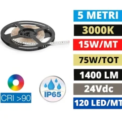 Bobina 5mt striscia led per esterno 14,4w-mt cri90 3000k 24v ip65 ideal lux