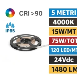 Bobina 5mt striscia led per esterno 14,4w-mt 4000k ip65 24v cri90 ideal lux