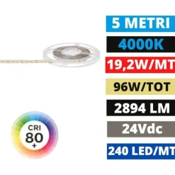 Bobina 5mt striscia led smd 2835 24v dc 4000k 19,2w-mt gea luce