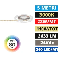 Bobina 5mt striscia led 24v dc 22w-mt 3000k cri90 gea luce
