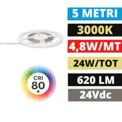 Bobina 5mt striscia led 4,8w-mt 3000k 24vdc gea luce