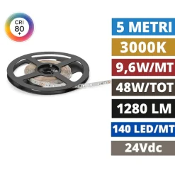 Bobina 5mt striscia led 9,6w-mt 3000k 24vdc gea luce