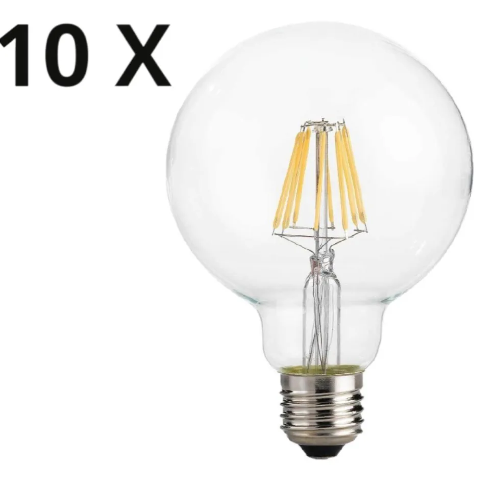 Box 10 lampadine led e27 8w 3000k 1050lm globo trasparente filamento ideal lux