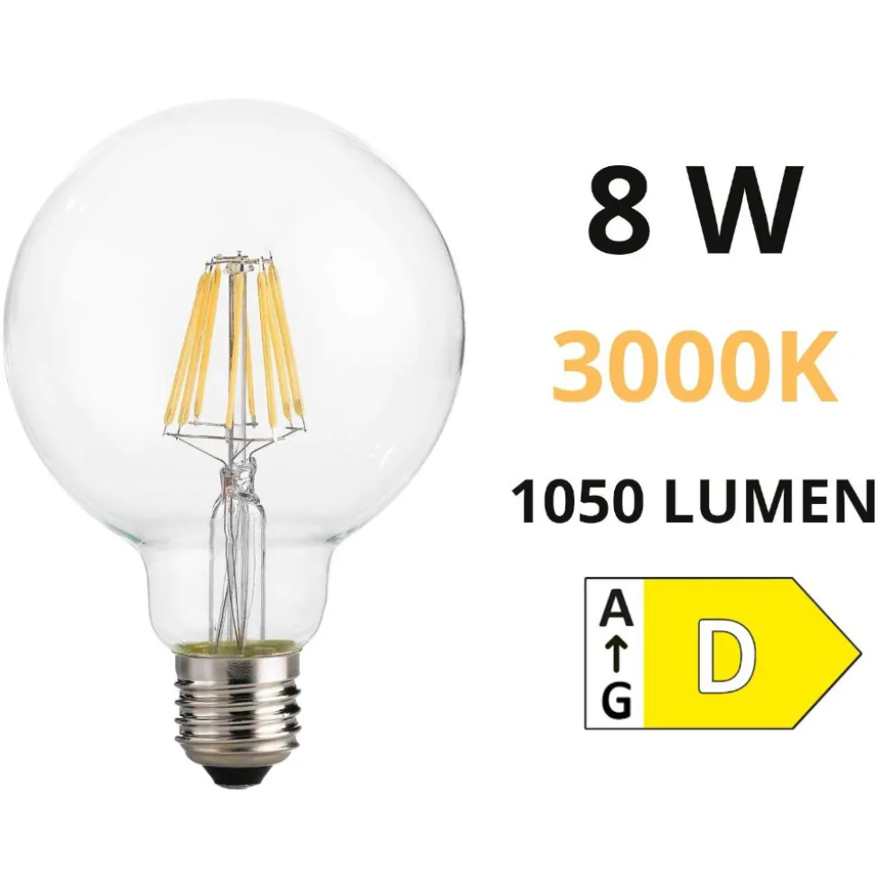 Box 10 lampadine led e27 8w 3000k 1050lm globo trasparente filamento ideal lux