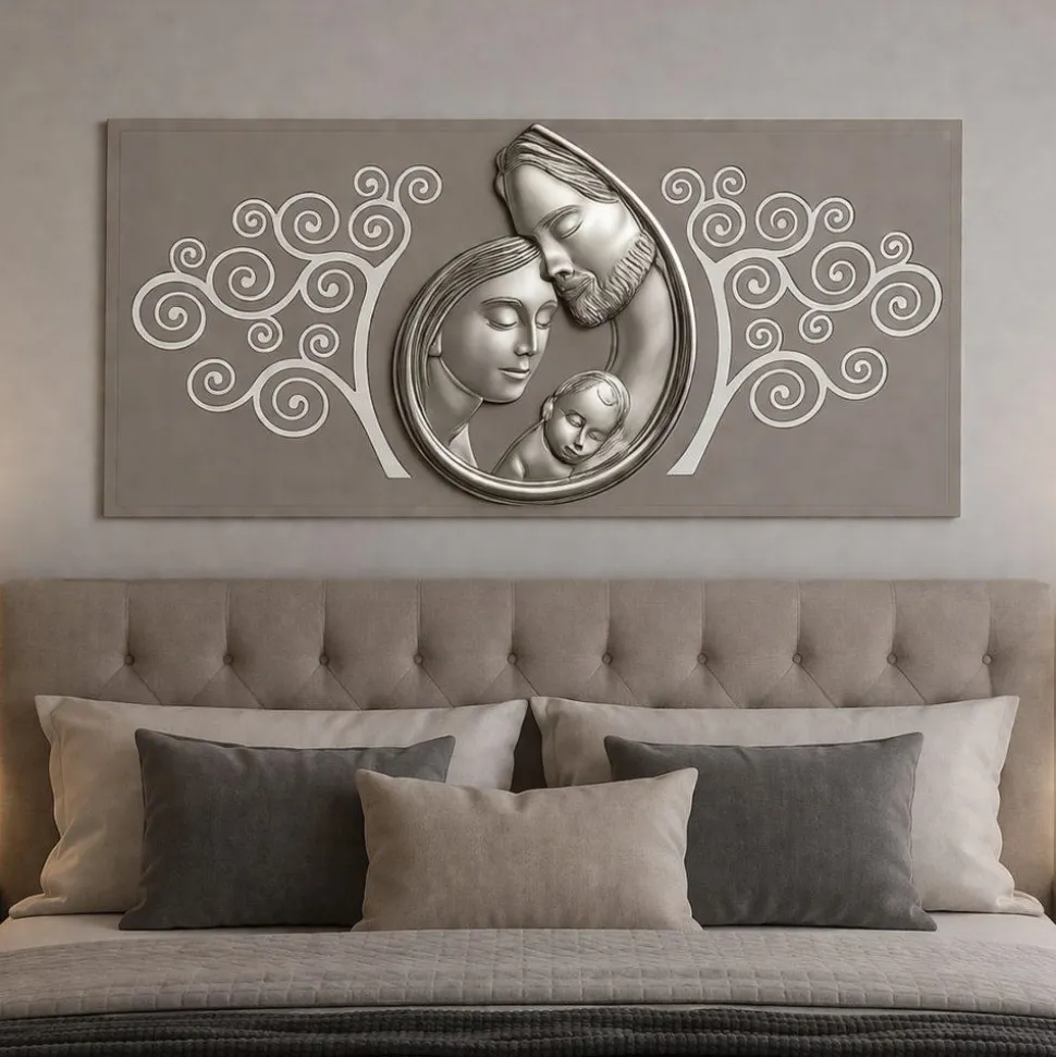 Capezzale sacra famiglia 80x40 argento avorio albero della vita tortora