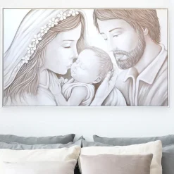 Capezzale sacra famiglia 122x72 cornice legno bianca stile contemporaneo