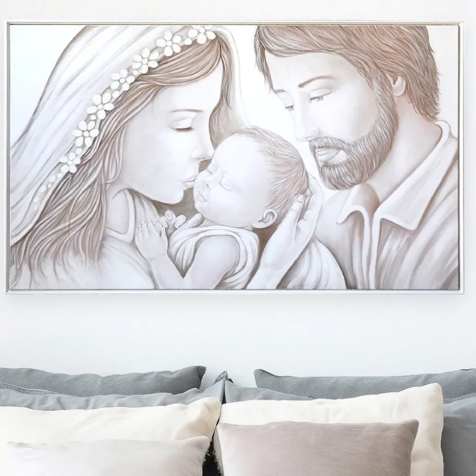 Capezzale sacra famiglia 122x72 cornice legno bianca stile contemporaneo