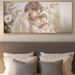 Capezzale sacra famiglia 120x60 decorato resina lucido cornice oro