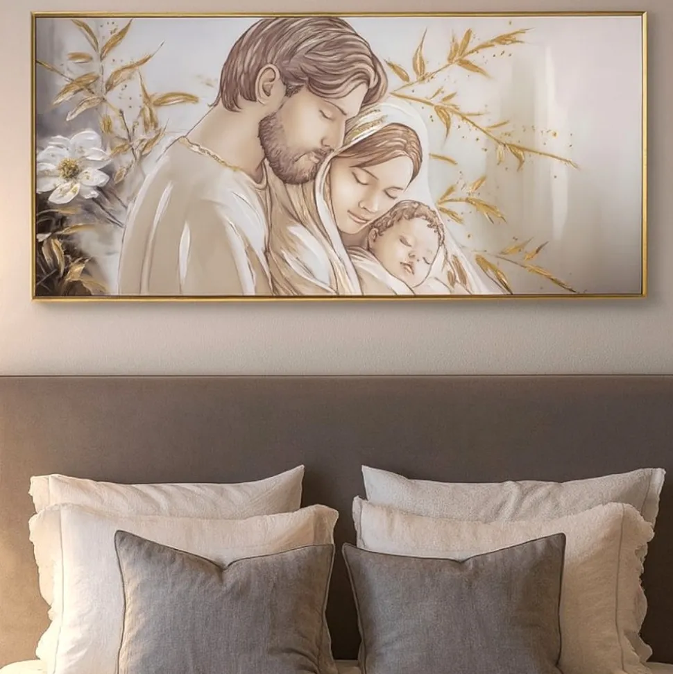 Capezzale sacra famiglia 120x60 decorato resina lucido cornice oro