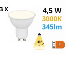 Confezione da 3 lampadine gu10 led 4,5w 3000k 345 lumen ottica 38