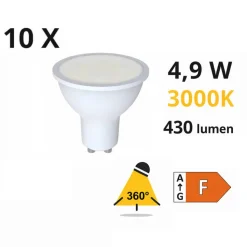 Confezione 10 lampadine gu10 led 4,9w 3000k ottica 360 430 lumen