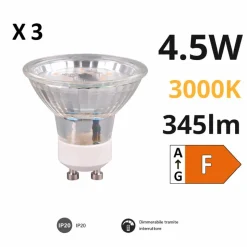 Confezione 3 lampadine gu10 led 4,5w 3000k 345 lumen dimmerabile