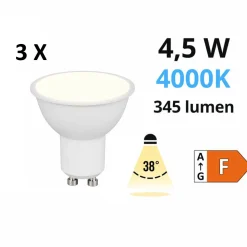 Confezione 3 lampadine led gu10 4,5w 4000k ottica 38 345 lumen