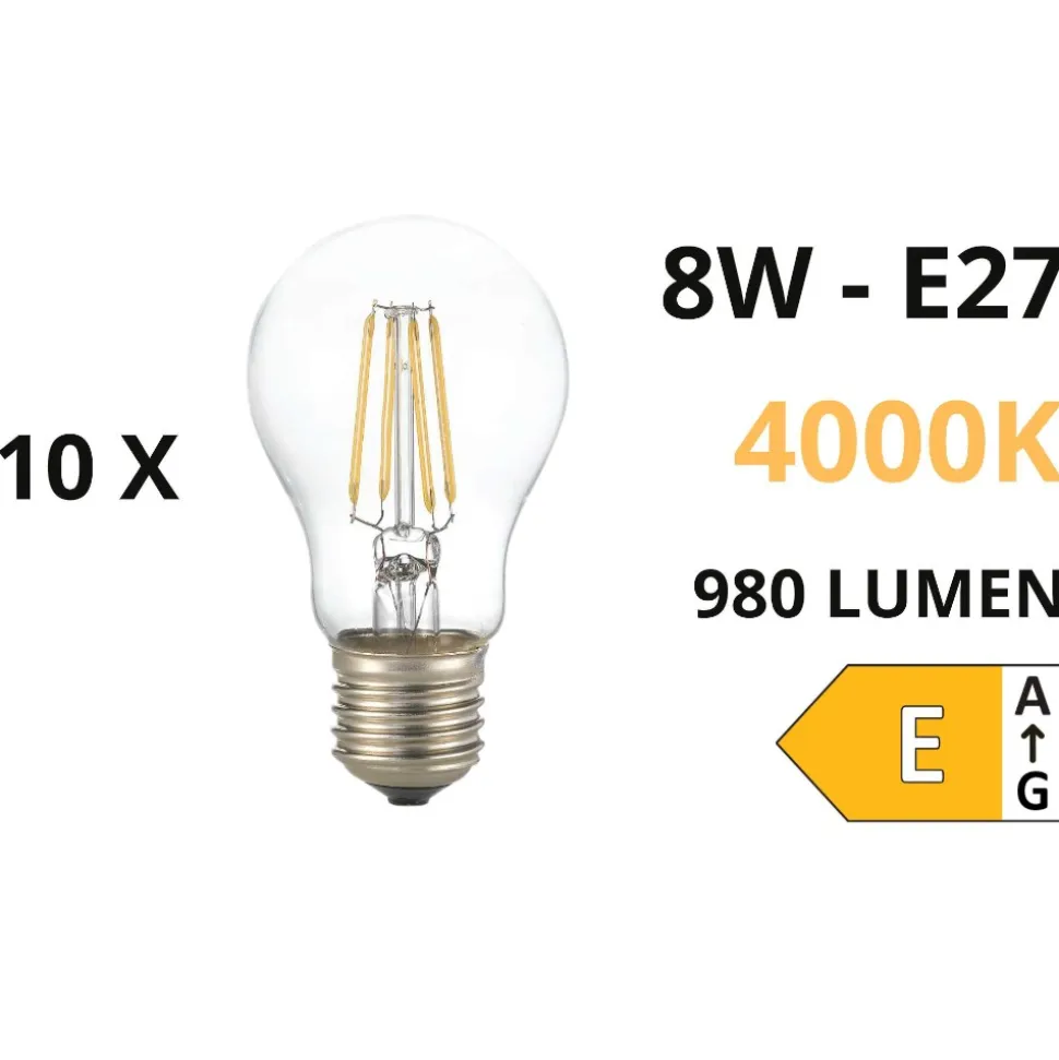 Confezione n10 lampadine led e27 8w 4000k 980lm goccia trasparente ideal lux
