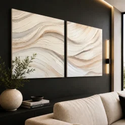 Coppia di quadri astratti moderni pittura materica su tela per soggiorno bianco beige
