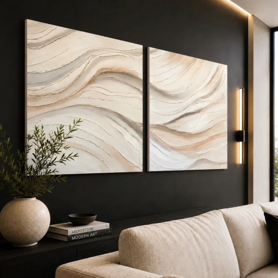 Coppia di quadri astratti moderni pittura materica su tela per soggiorno bianco beige