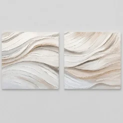 Coppia di quadri astratti moderni pittura materica su tela per soggiorno bianco beige