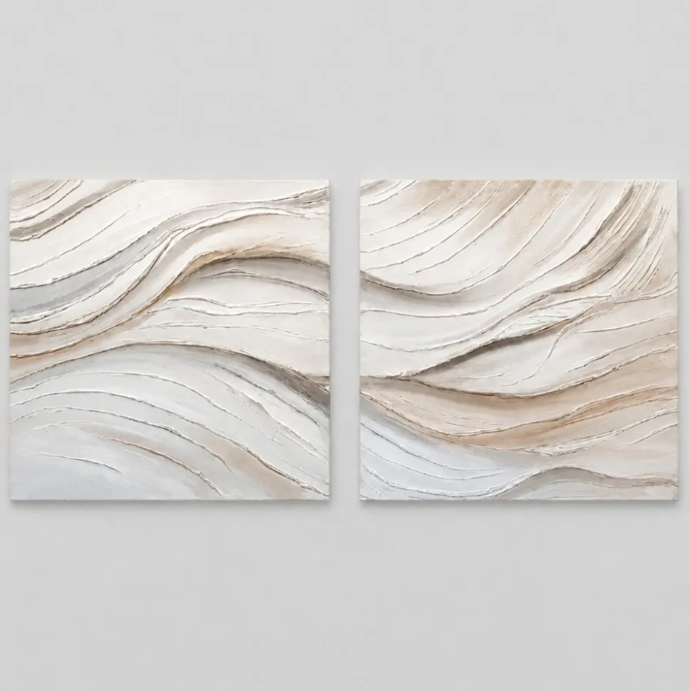 Coppia di quadri astratti moderni pittura materica su tela per soggiorno bianco beige