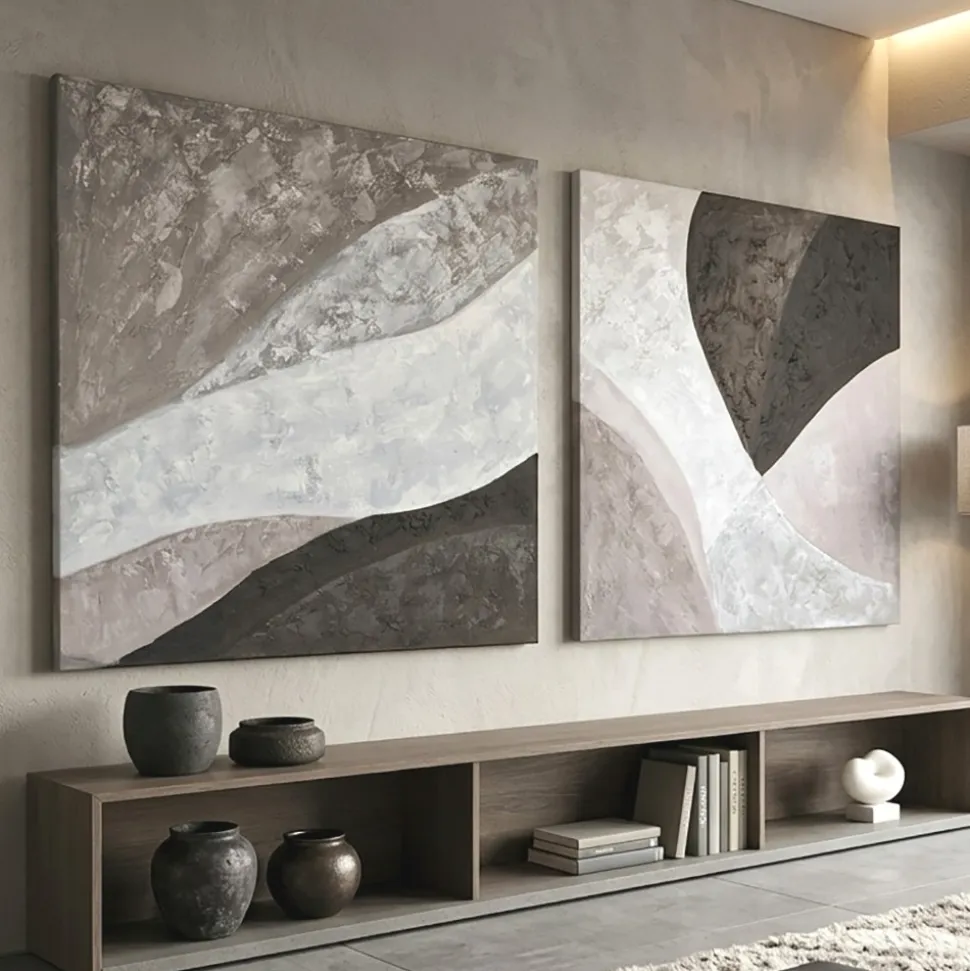 Coppia di quadri astratti materici quadrati 80x80 moderni per soggiorno