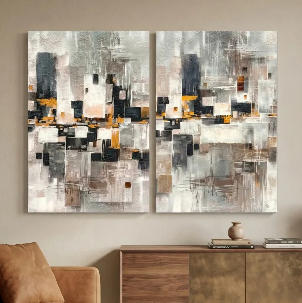 Coppia di quadri 60x90 astratti dipinti moderni tele per soggiorno