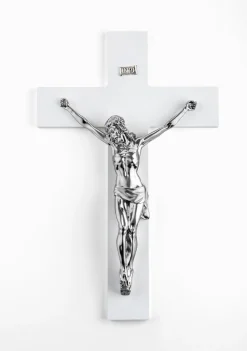 Crocifisso grande da parete 48x30 cm legno bianco cristo marmorino argento