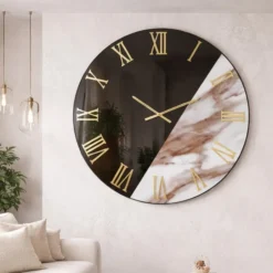 Grande orologio 80 cm rotondo specchiato bronzo effetto marmo marrone