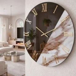 Grande orologio 80 cm rotondo specchiato bronzo effetto marmo marrone