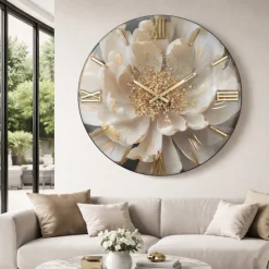 Grande orologio da parete 100cm fiore bianco resina oro cristalli
