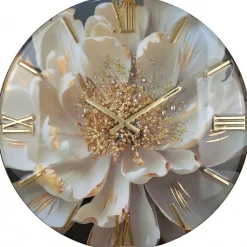 Grande orologio da parete 100cm fiore bianco resina oro cristalli